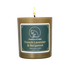 A lit soy candle within a golden vessel is against a white background. The label is greyish cyan featuring the logo of a white cat silhouette, the name of the company Creature of Habit, and the scent name French Lavender & Bergamot.