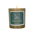 A lit soy candle within a golden vessel is against a white background. The label is greyish cyan featuring the logo of a white cat silhouette, the name of the company Creature of Habit, and the scent name Snowy Cypress.