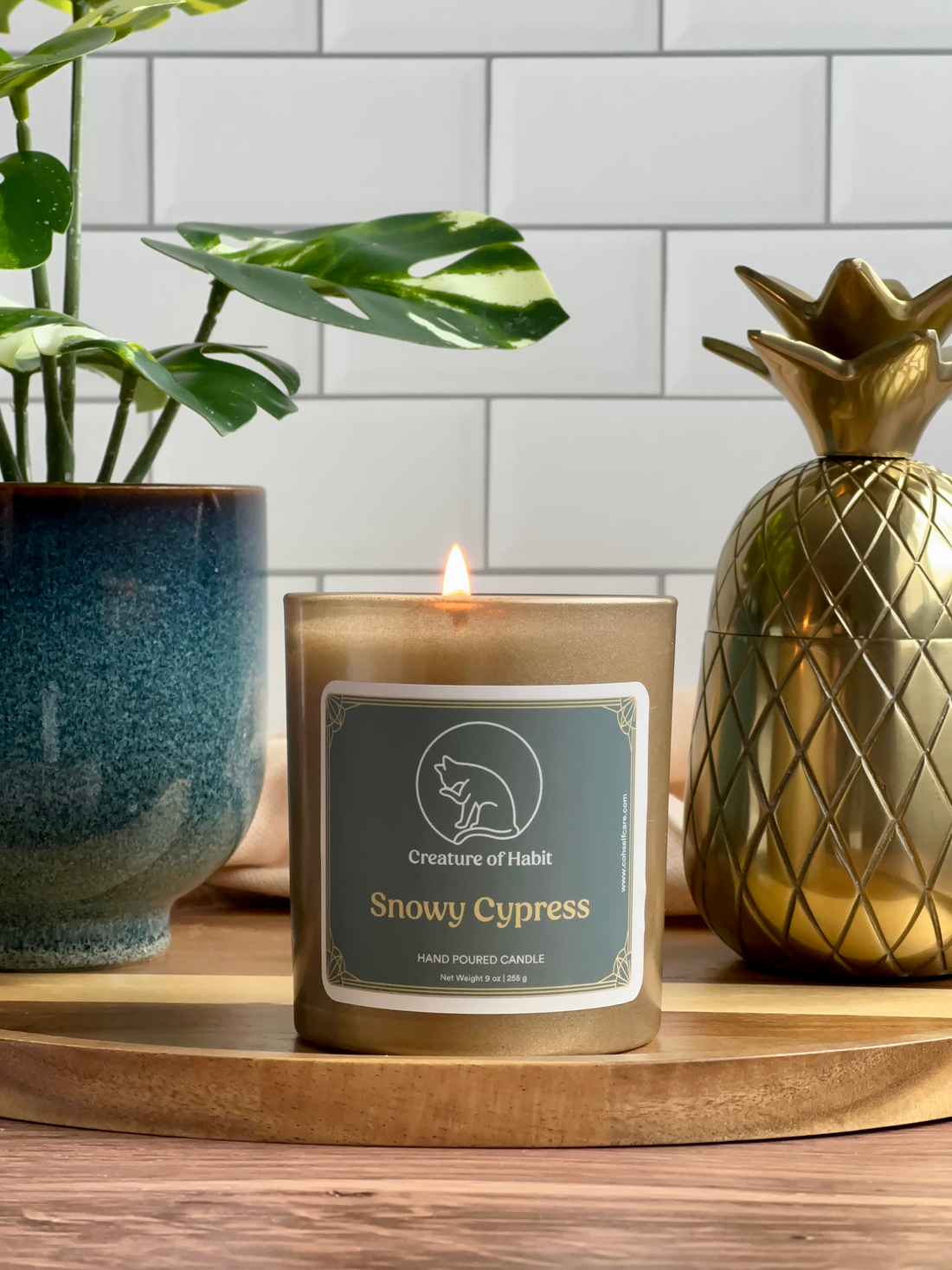 A lit soy candle within a golden vessel is placed on top of a wooden tray, next to a small houseplant and golden pineapple paperweight. The label is greyish cyan featuring the logo of a white cat silhouette, the name of the company Creature of Habit, and the scent name Snowy Cypress.
